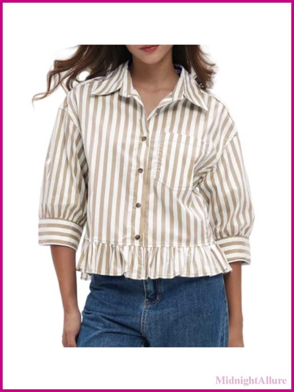 Women's Striped Button Down Shirt with Peplum Ruffle Hem 3/4 Sleeve Loose Fit